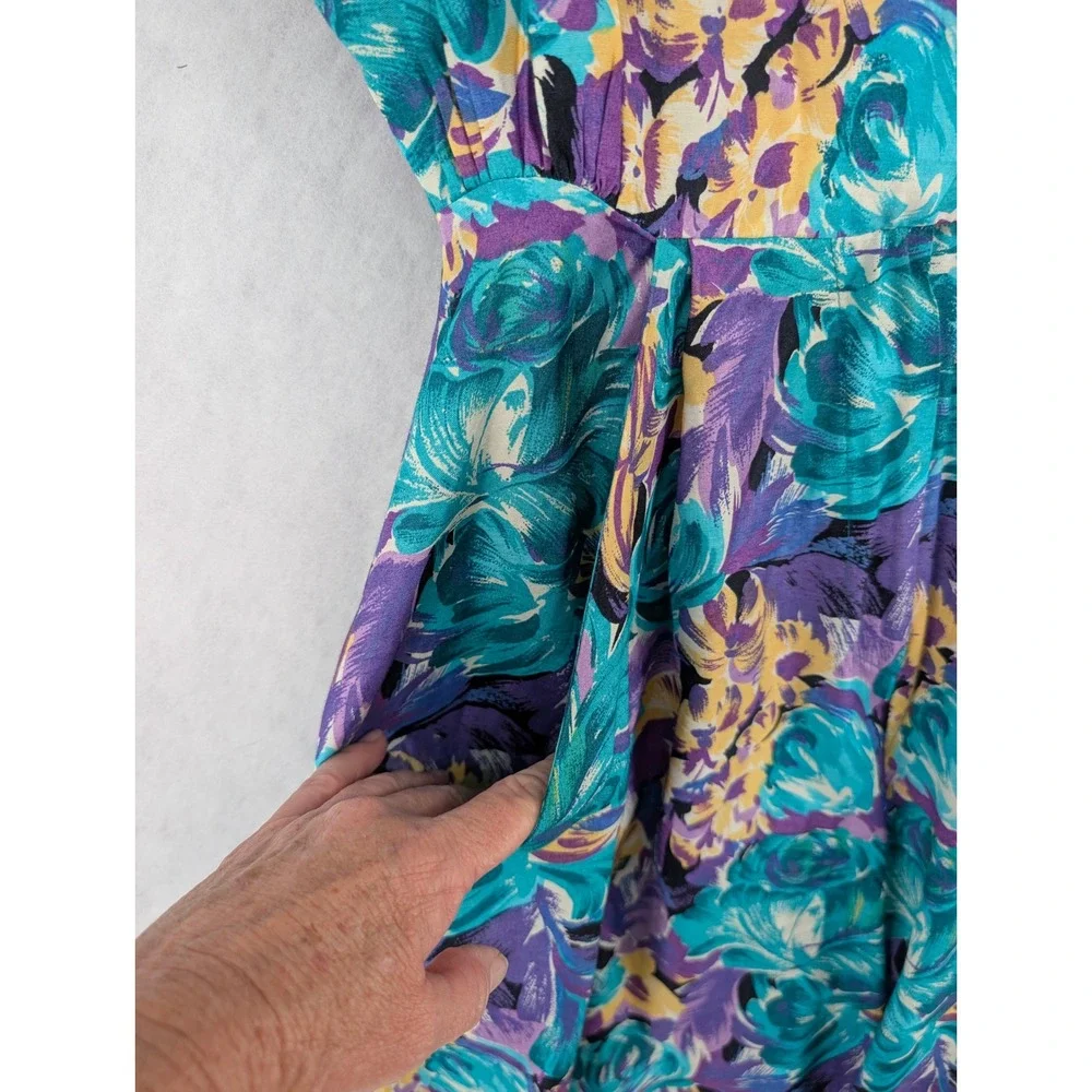 2 VTG Rompers 80s Floral Rayon Belted Fit Flare Pink Blue 7/8 Dolman Sleeve Bold